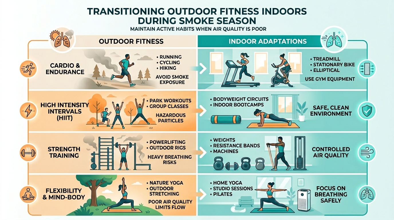 Visual guide to how to transition outdoor fitness indoors during smoke season
