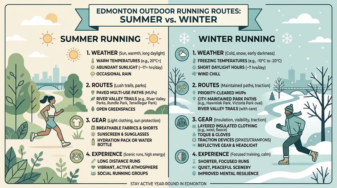 Visual guide to outdoor running routes Edmonton summer vs winter comparison