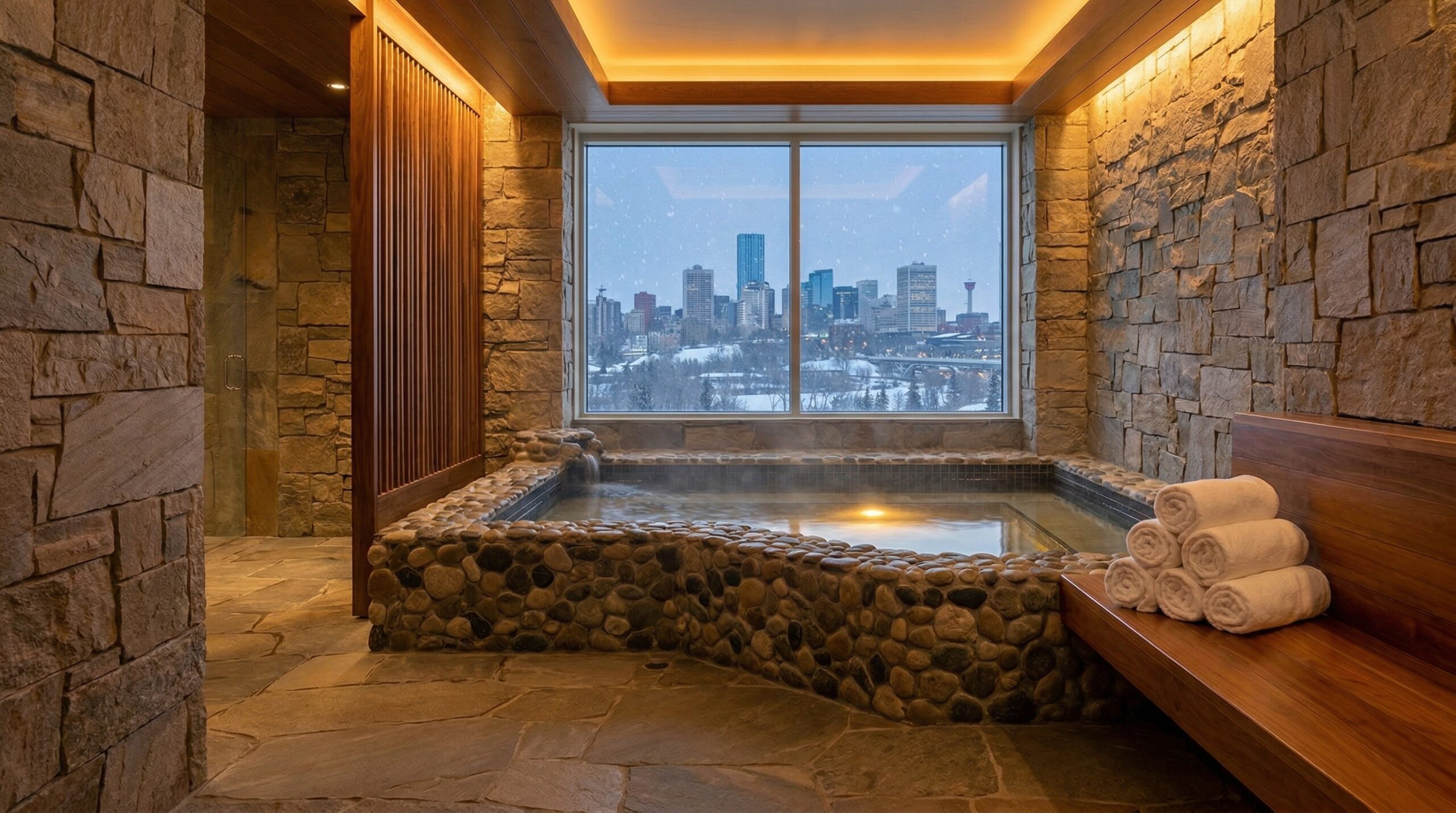 Warm, naturally lit wellness space showing best salt caves and float therapy near West Edmonton Mall in Edmonton