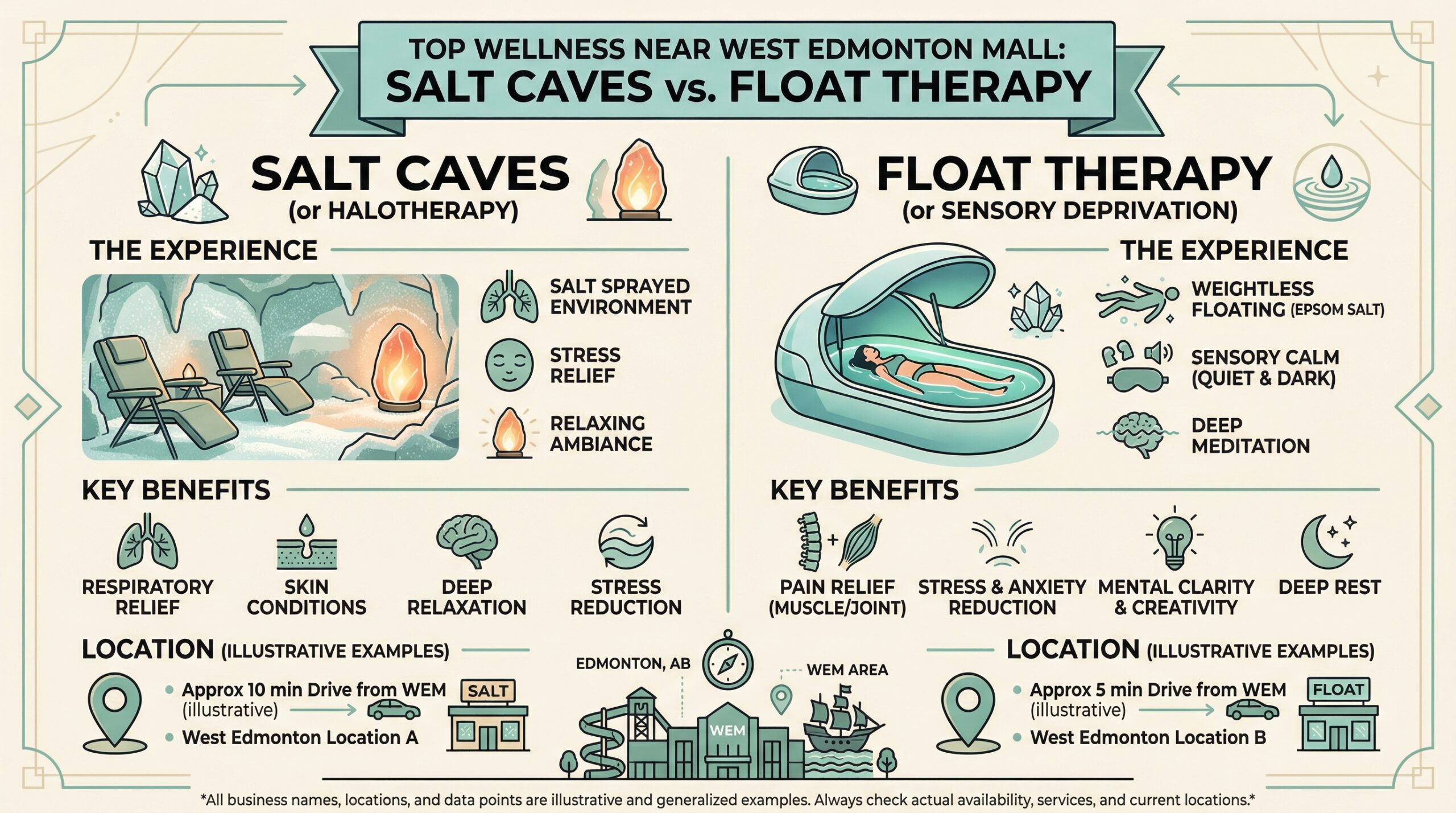 Infographic comparing key factors for best salt caves and float therapy near West Edmonton Mall