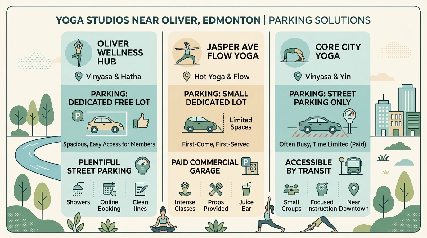 Visual guide to yoga studios near Oliver Edmonton with parking
