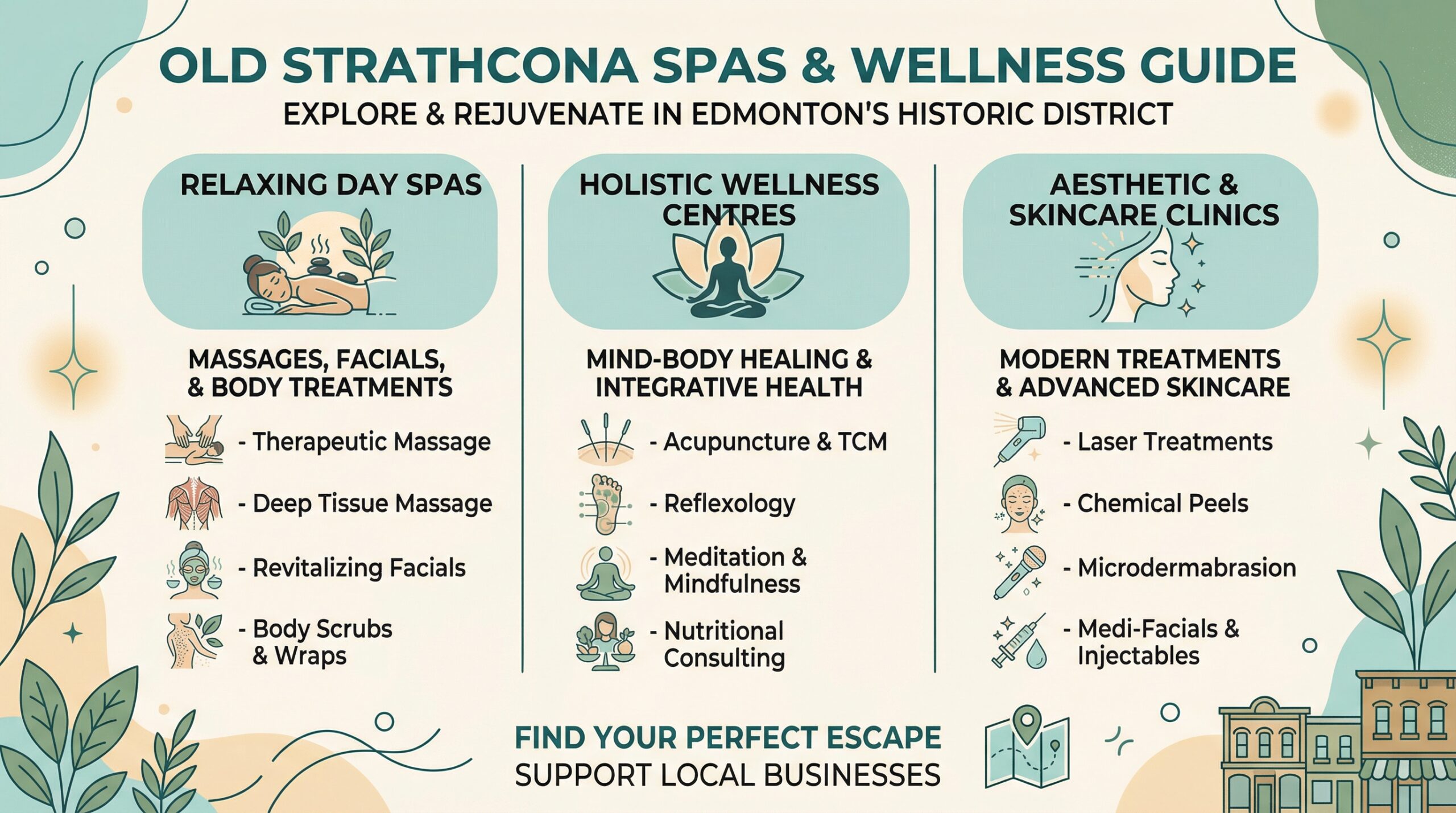 Infographic comparing key factors for Old Strathcona spas and wellness centers guide