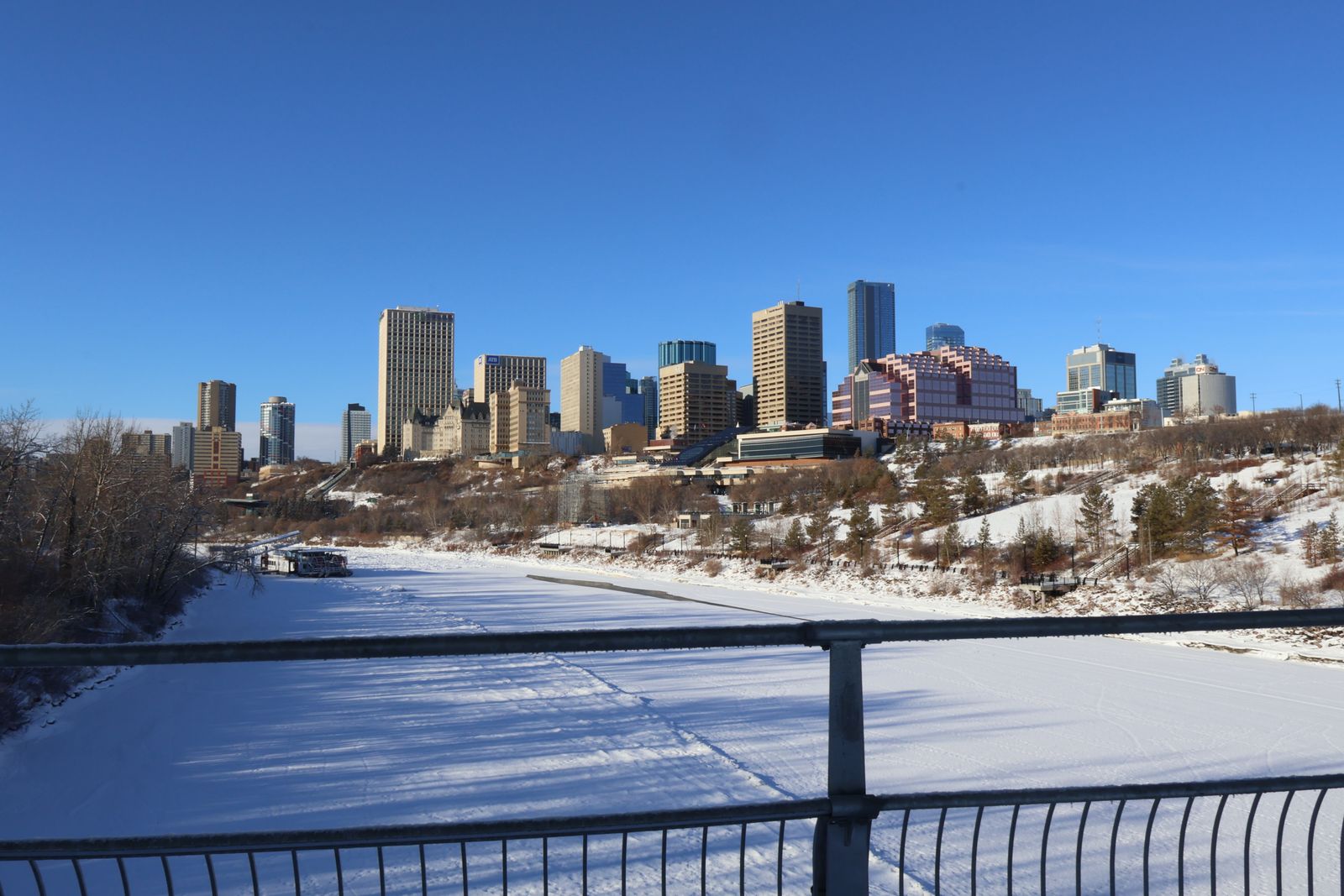 Downtown Edmonton above the North Saskatchewan river valley in winter